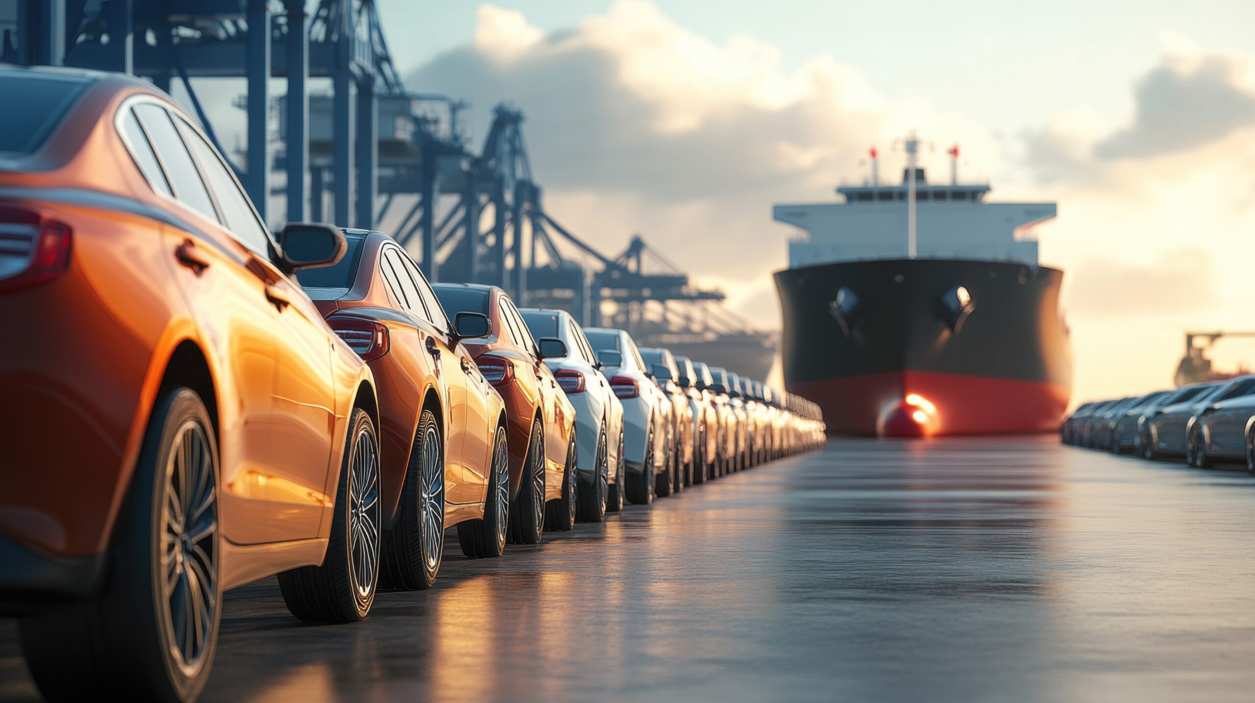 Modern cars lined up at shipping port during sunrise for export and global trade